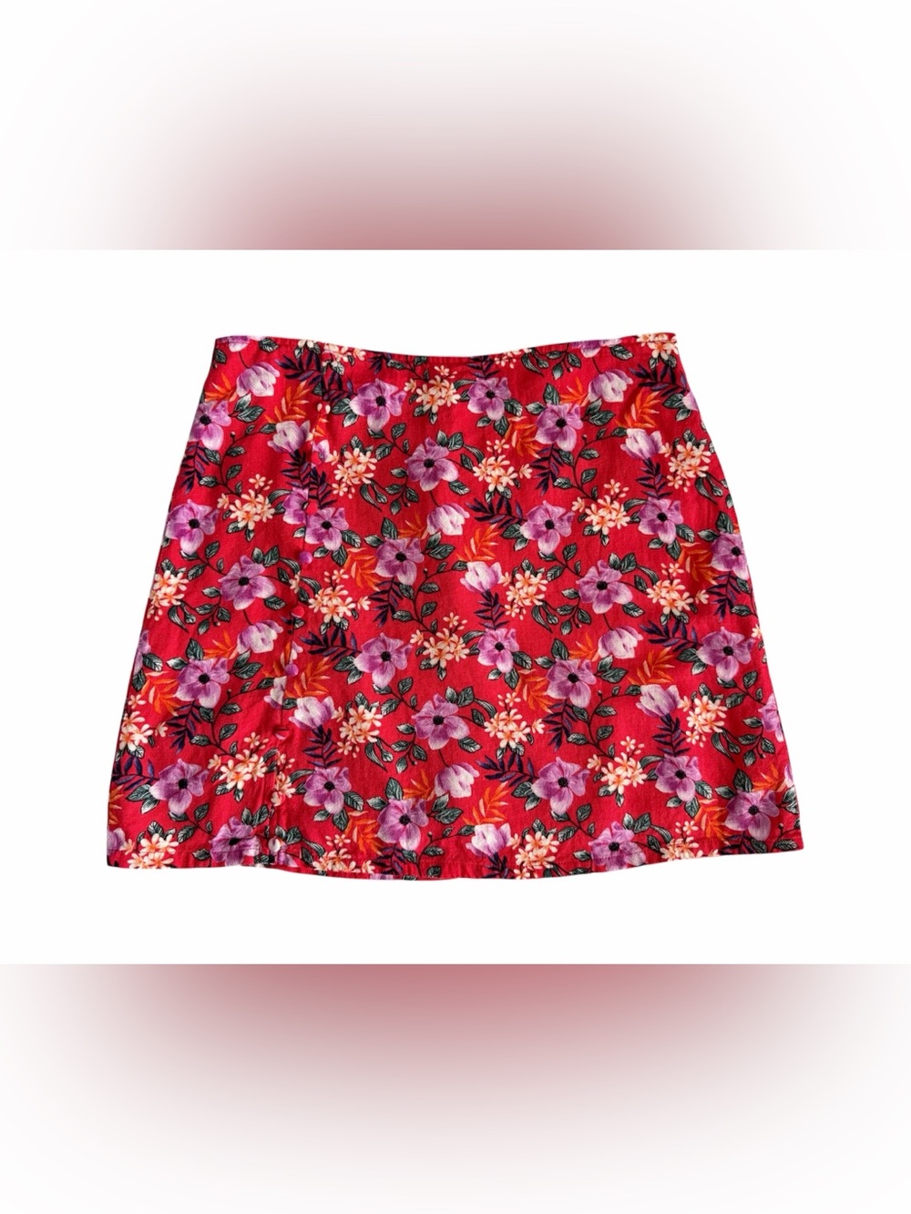 Francesca's Mi Ami Red Floral Linen Blend Cottagecore  Mini Skirt Buttons Size L